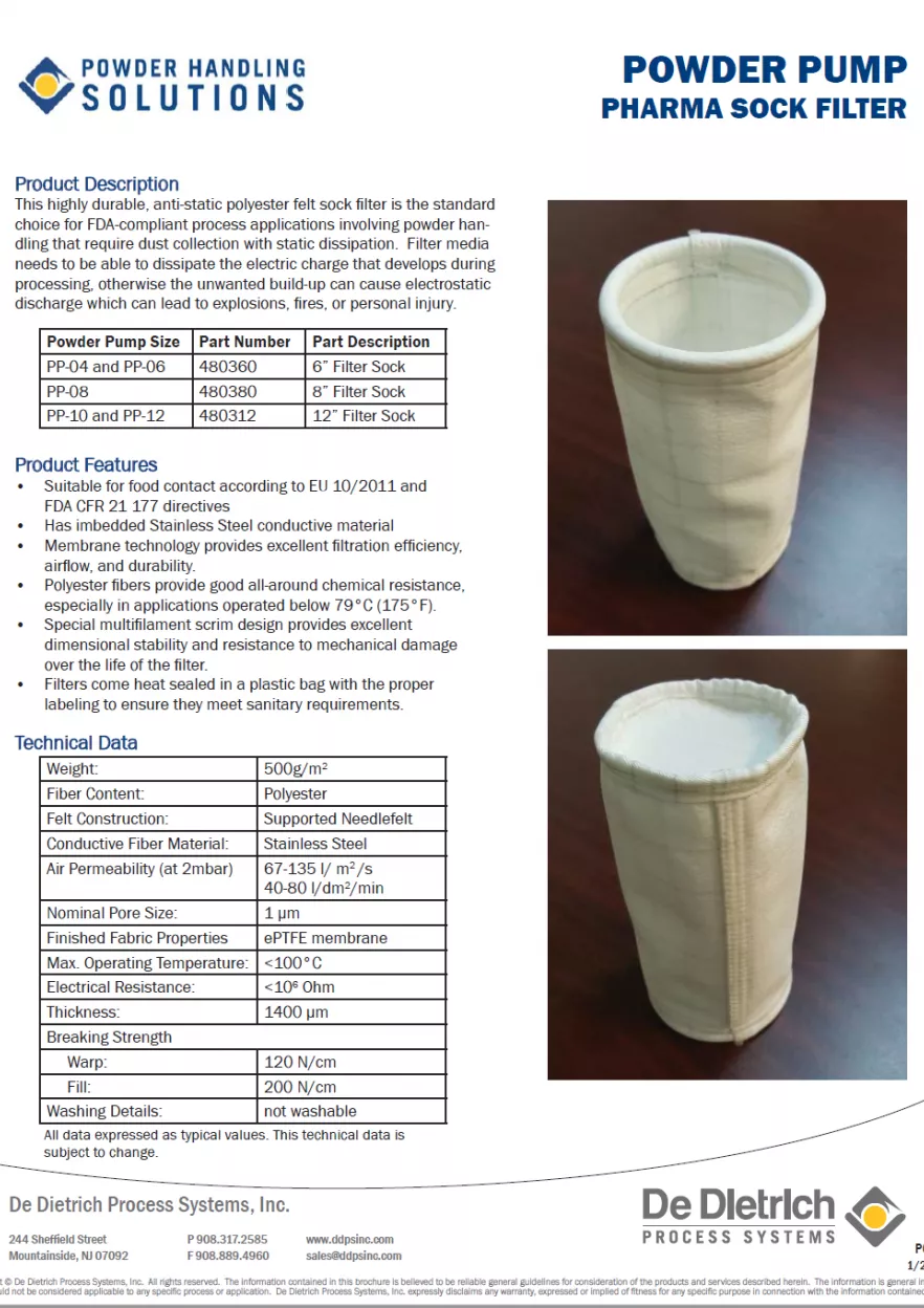 Powder Pump Pharma Sock Filter