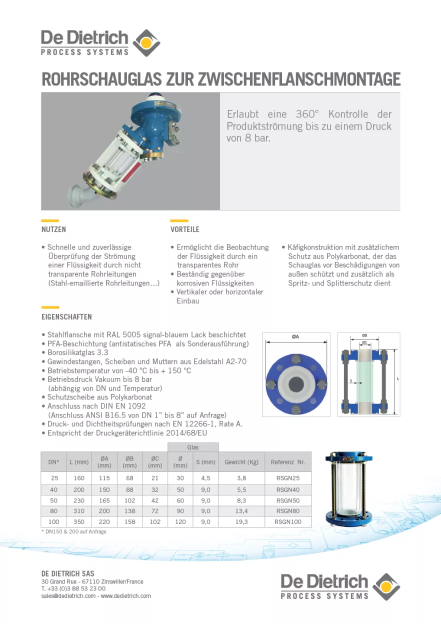 Rohrschauglas Zur Zwischenflanschmontage